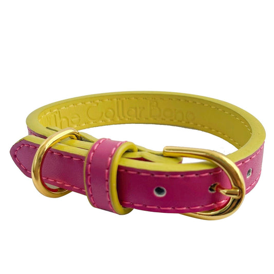 Anthea Dog Collar in Dark Pink with Yellow Trimmings