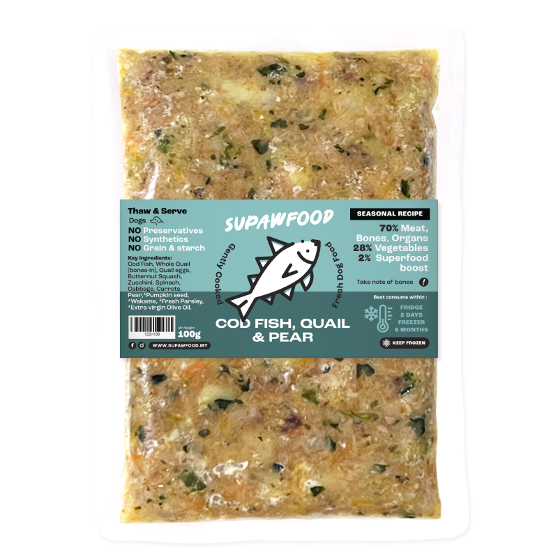 SUPAWFOOD GENTLY COOKED COD FISH, QUAIL & PEAR SEASONAL LIMITED RECIPE (100G)