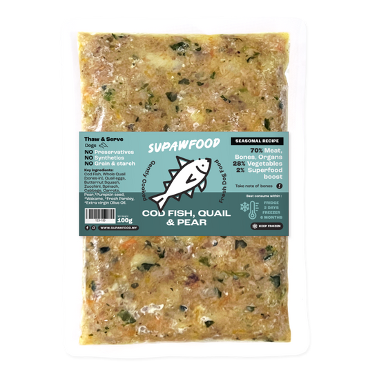 SUPAWFOOD GENTLY COOKED COD FISH, QUAIL & PEAR SEASONAL LIMITED RECIPE (100G)
